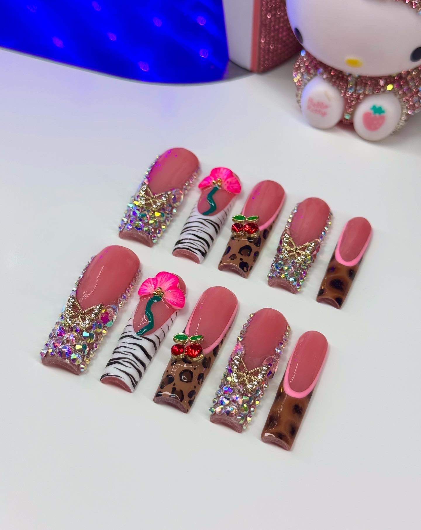 Acrylic French Tips 3D Flowers Bling & Animal Print