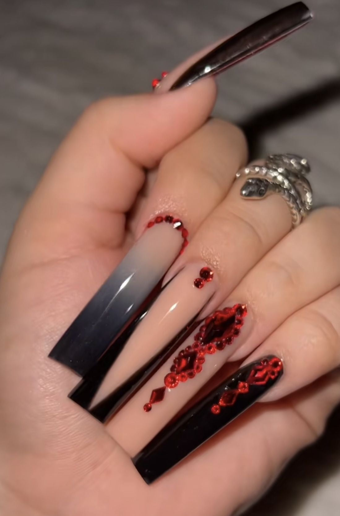Luxury Press On Nails Pretty Black Red Acrylic & Bling