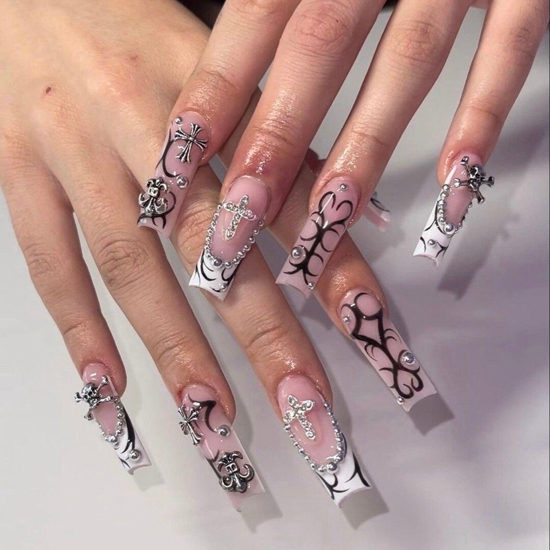 Luxury Baddie Cyber French Tips Acrylic Cross Punk Press On Nails