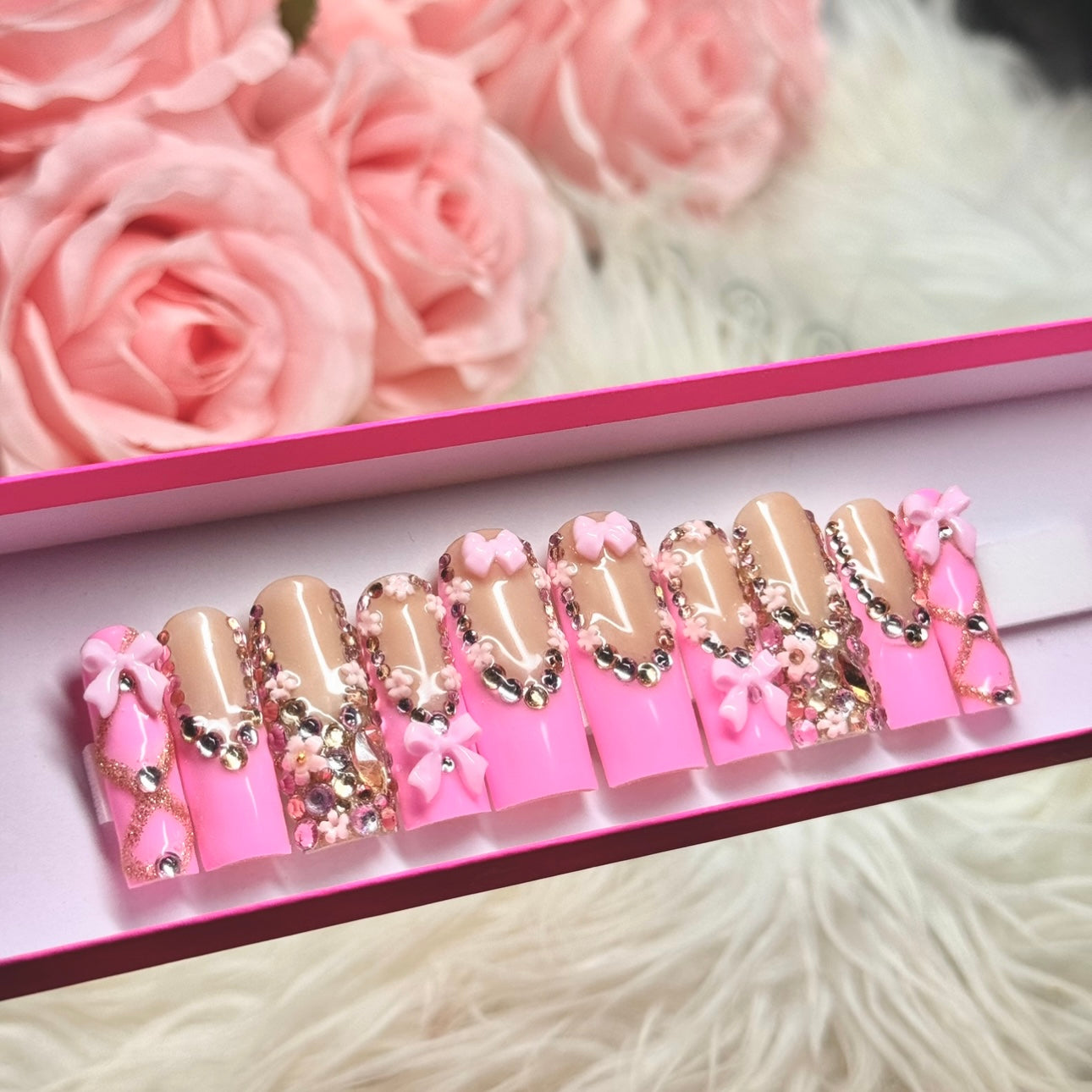 Rhinestone Acrylic Press On Nails Pink Floral Coquette Spring