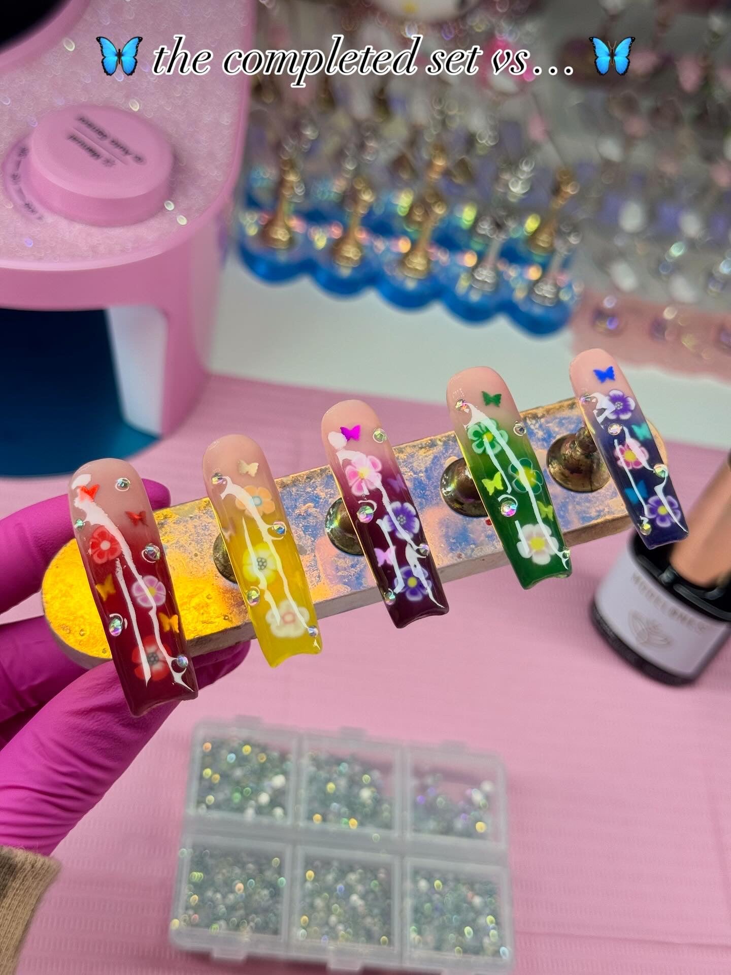 Acrylic Press On Nails Pretty Colorful Flowers & Butterflies