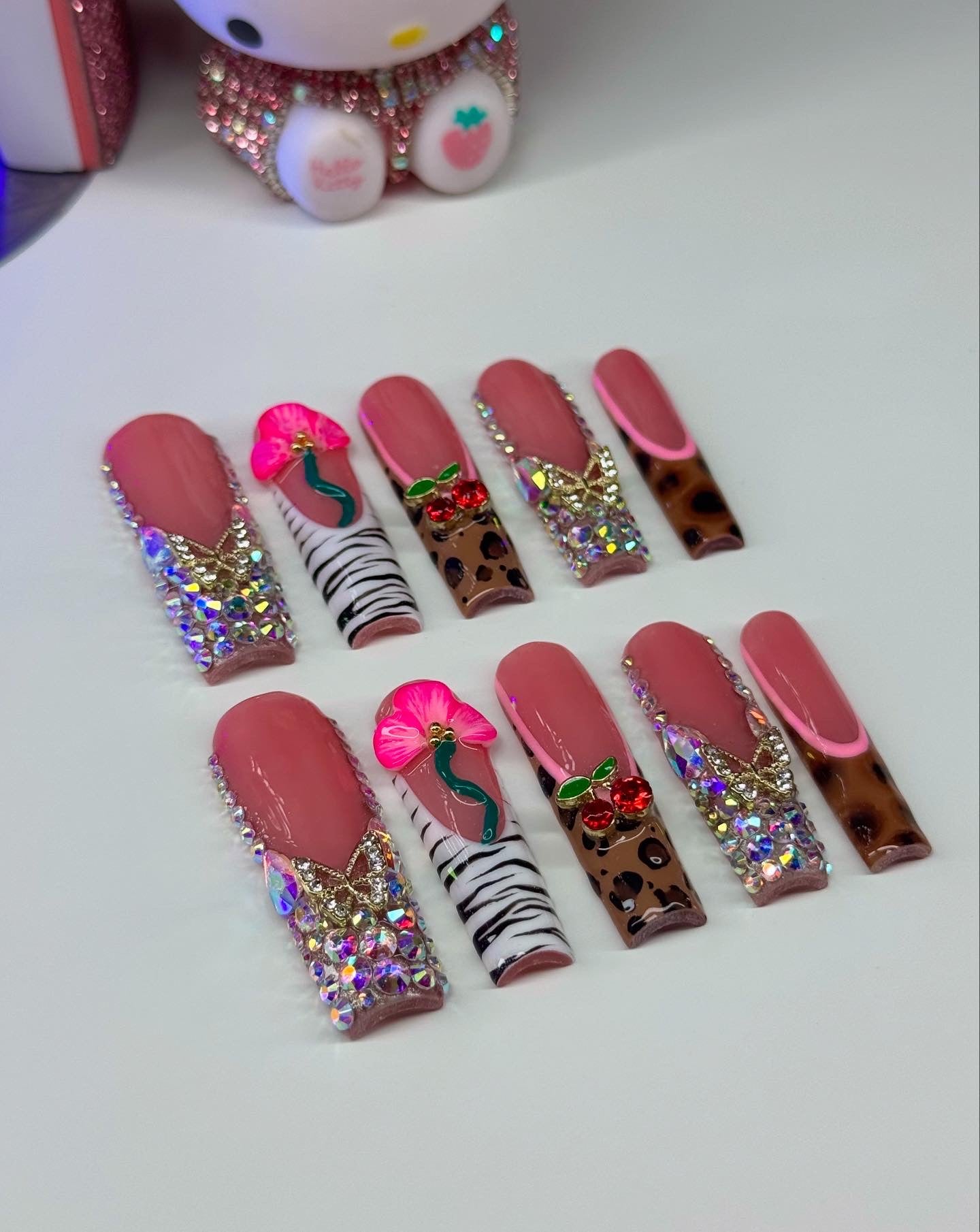 Acrylic French Tips 3D Flowers Bling & Animal Print