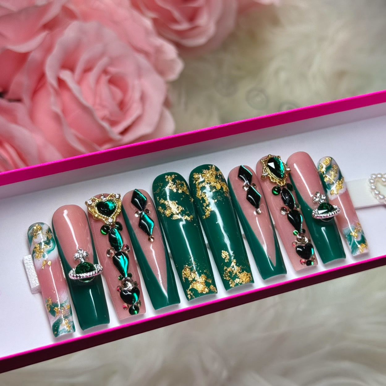 Rhinestone Emerald Green Acrylic Press On Nails French Tips Gold