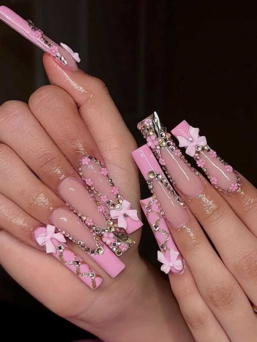 Rhinestone Acrylic Press On Nails Pink Floral Coquette Spring