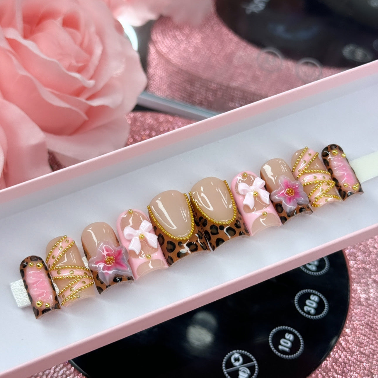 Acrylic Press On Nails Pink & Brown Animal Print 3D Flowers Belt Bling