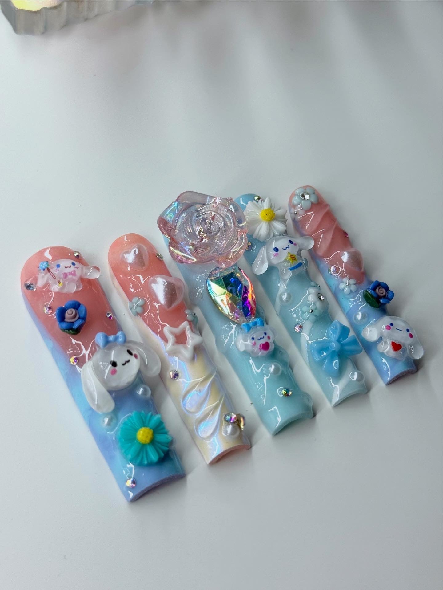 Baddie Acrylic Press On Nails Kawaii Blue & White