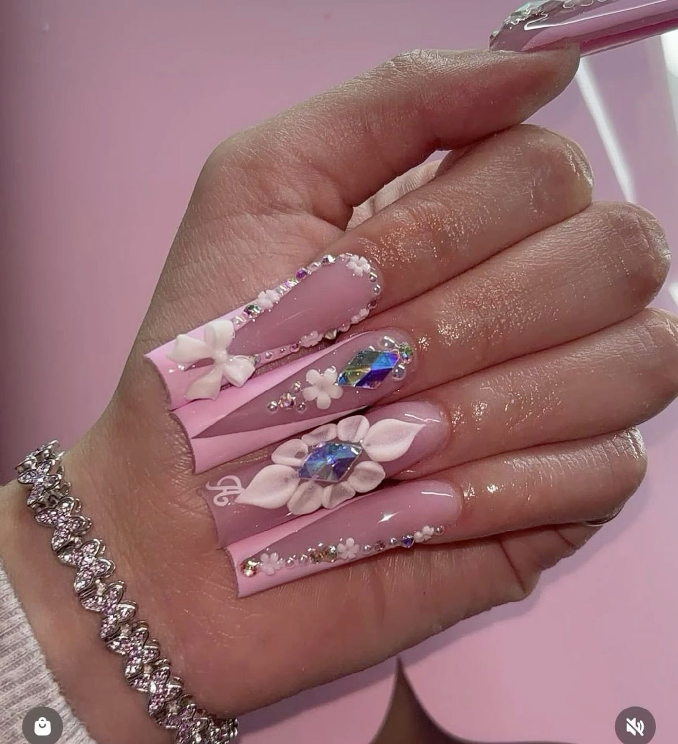 Luxury Press On Nails Pink Acrylic & 3D Flowers