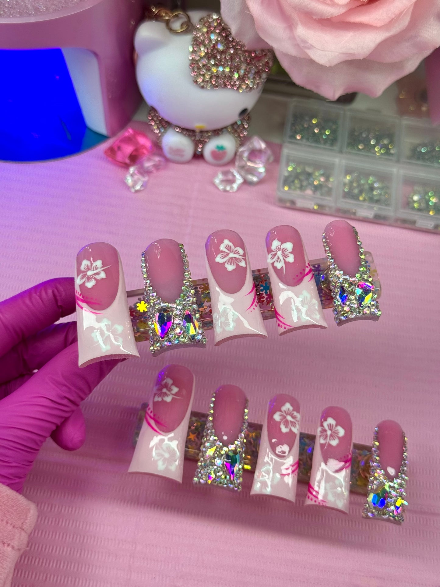 Acrylic Pink French Tip Flower Bling Press On Nails
