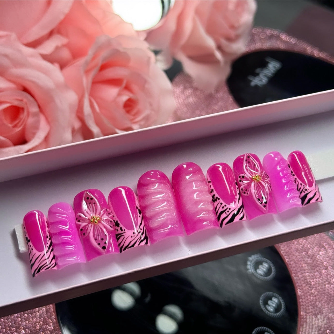 Baddie Luxurious Acrylic Pink Animal Print 3D Gel Flower Press On Nails