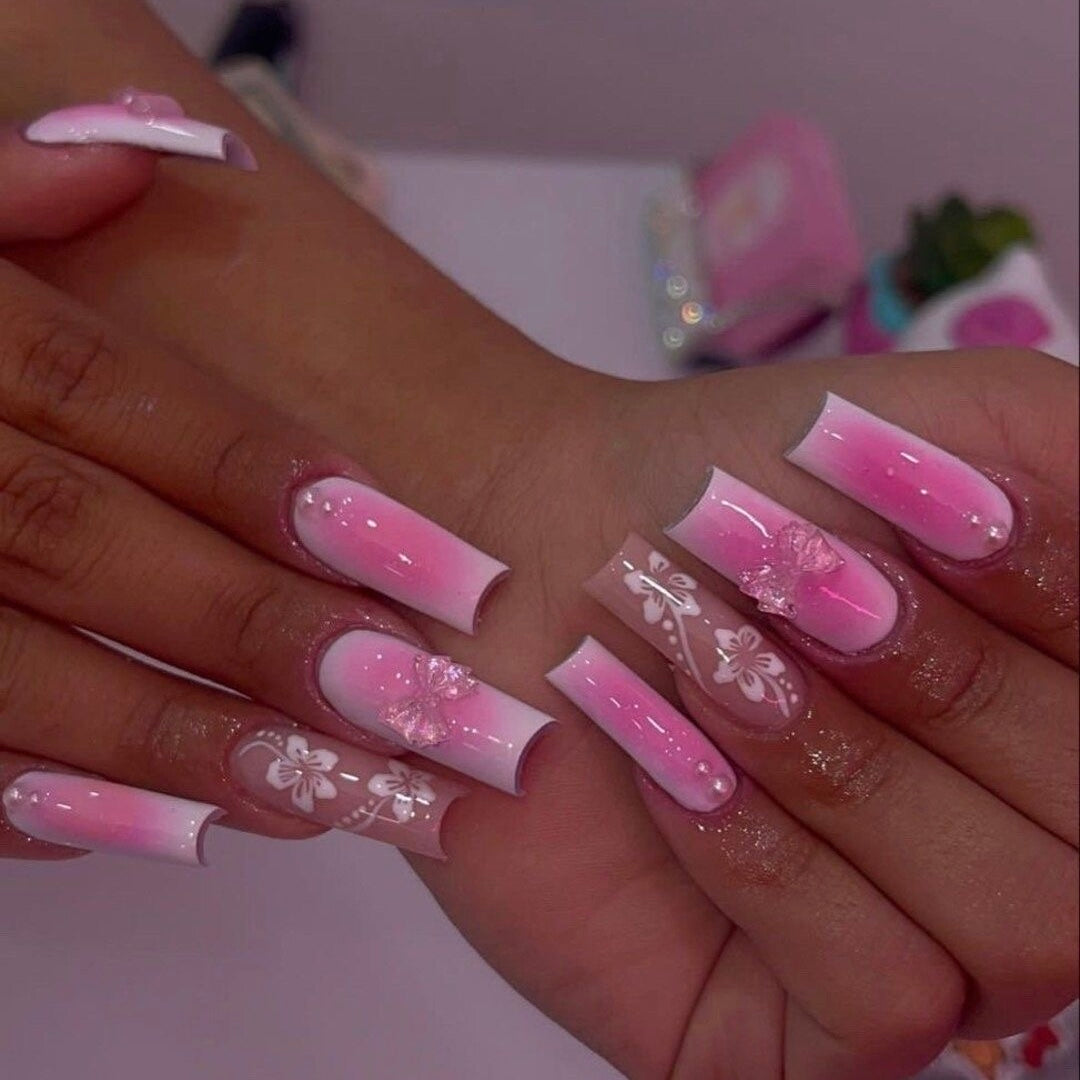 Y2k Pretty Press On Nails Acrylic Pink Bows Pearls & Flowers