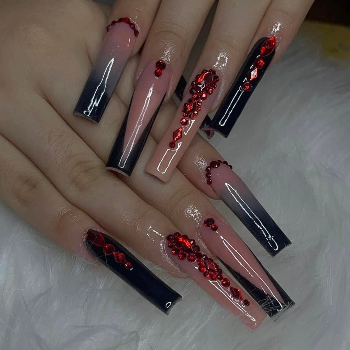 Luxury Press On Nails Pretty Black Red Acrylic & Bling