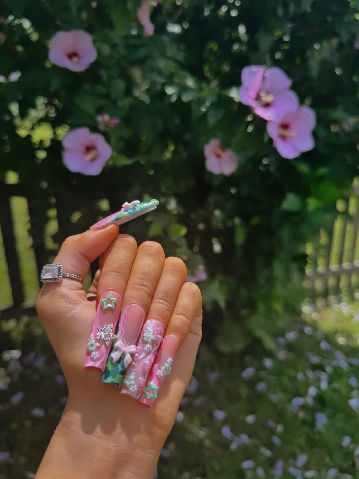 Acrylic Cute Y2K Baddie Camo Green & Pink Press On Nails