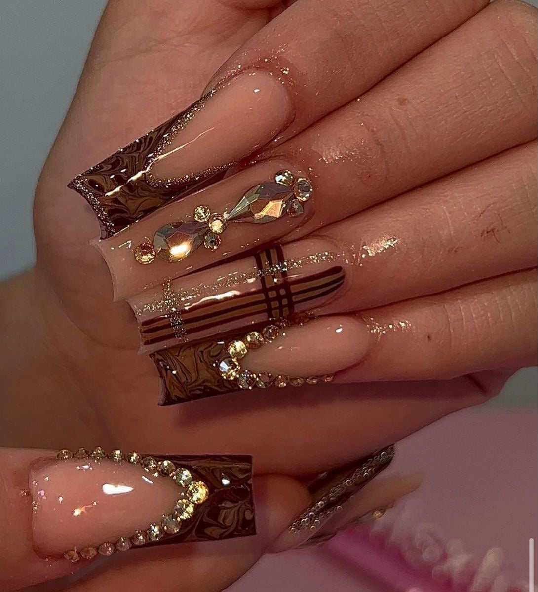 Acrylic Baddie Brown Fall/Autumn Bling Press On Nails