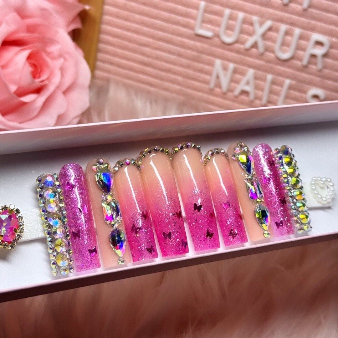 Y2k Baddie Luxury Acrylic Press On Nails Butterfly Luxury Pink & Nude Ombre