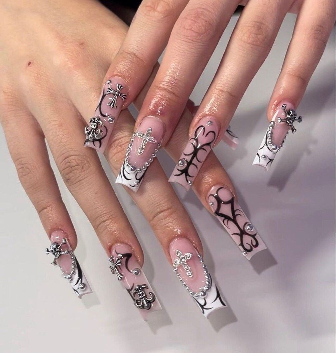 Luxury Baddie Cyber French Tips Acrylic Cross Punk Press On Nails