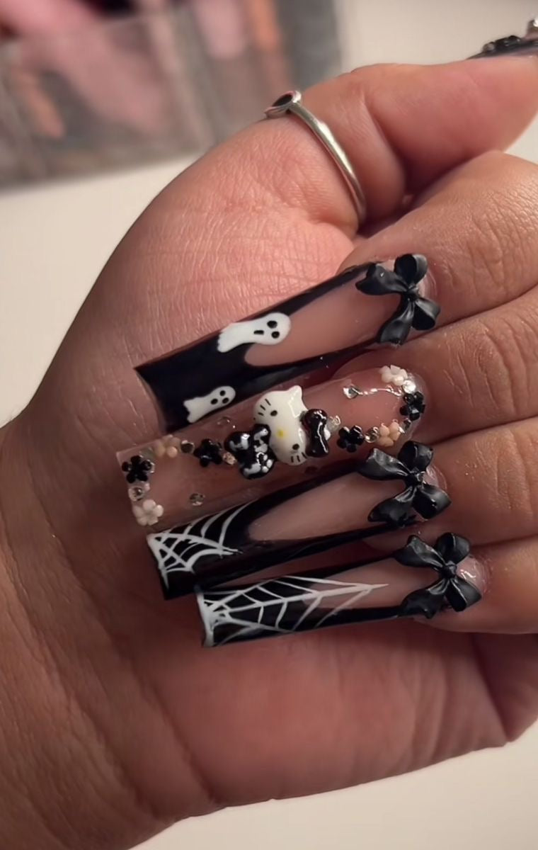 Acrylic Baddie Halloween Black Kawaii Spooky Press On Nails