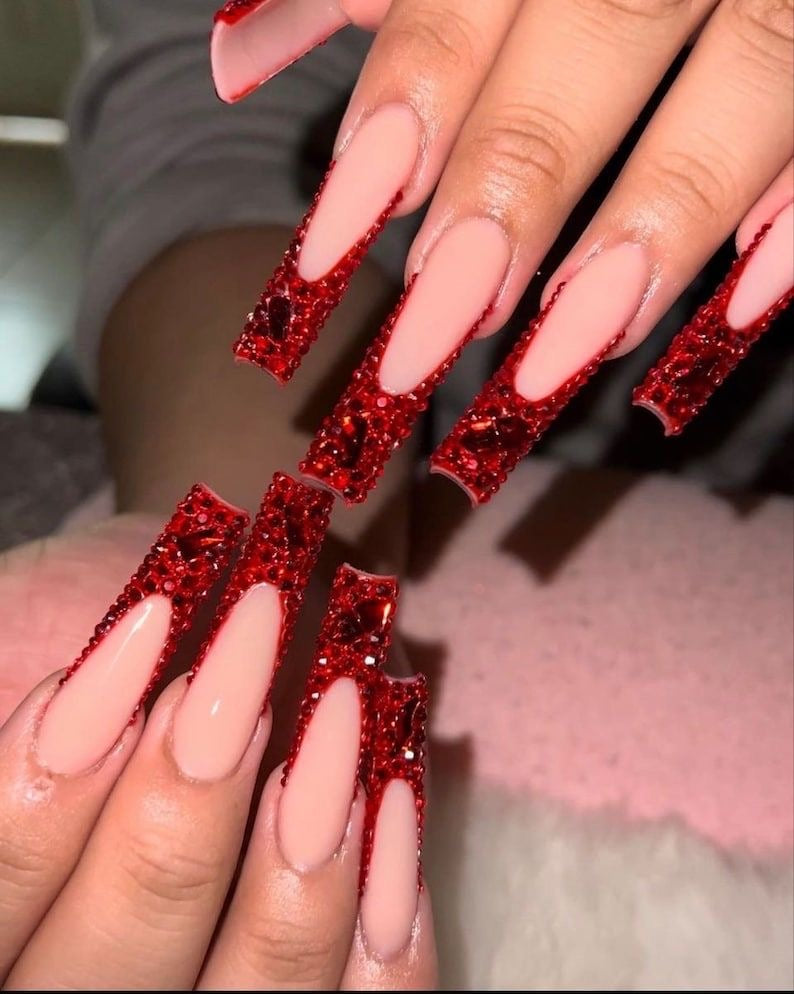 Rhinestone Red Bing French Tips Acrylic Press On Nails