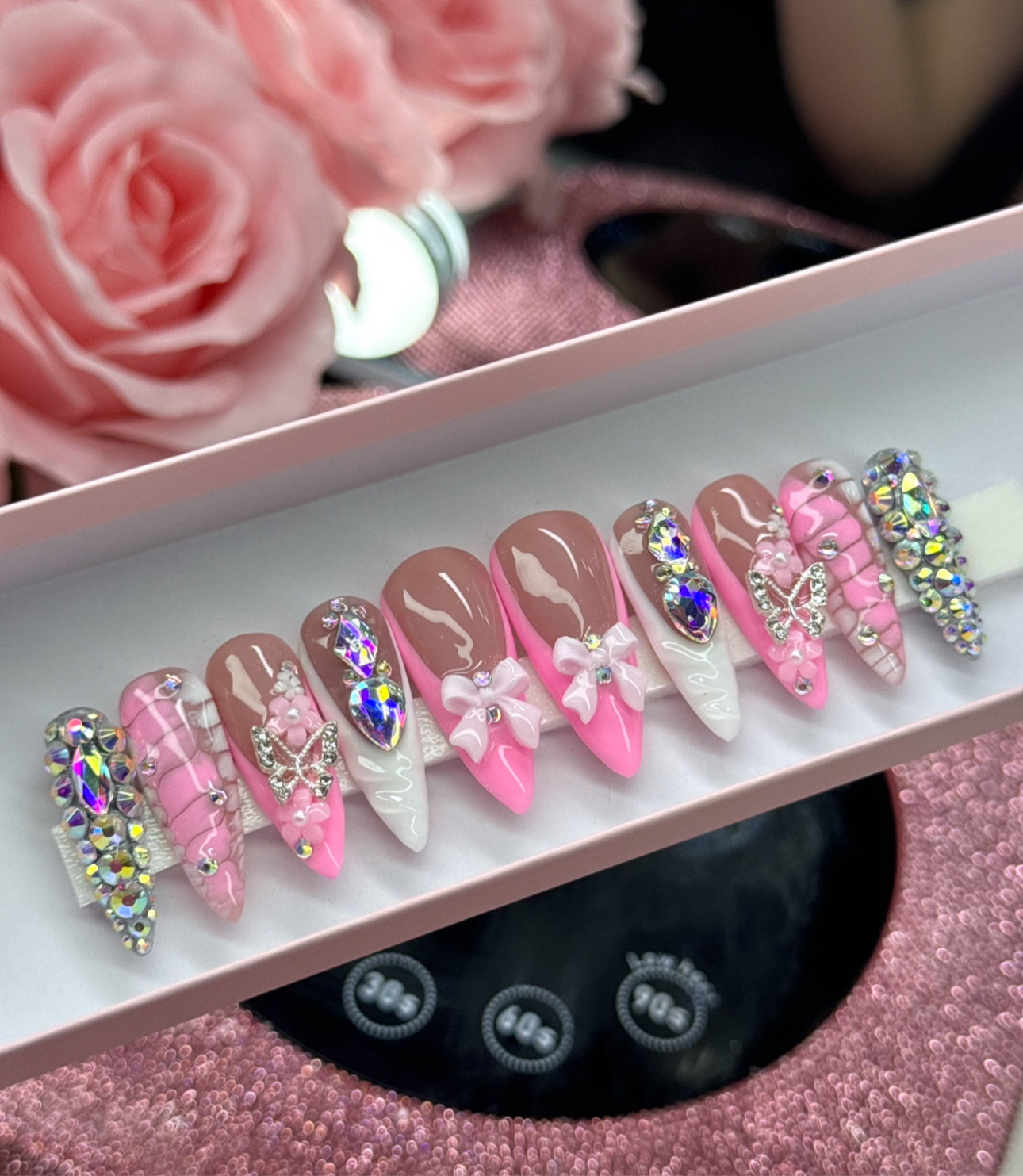 Princess Rhinestone Pink Bling Acrylic Press On Nails