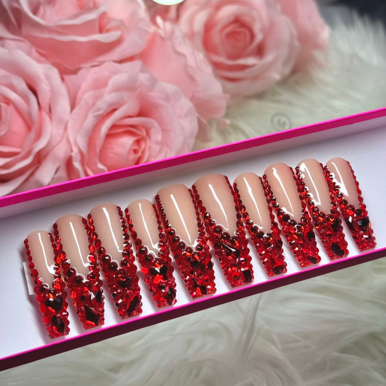 Rhinestone Red Bing French Tips Acrylic Press On Nails