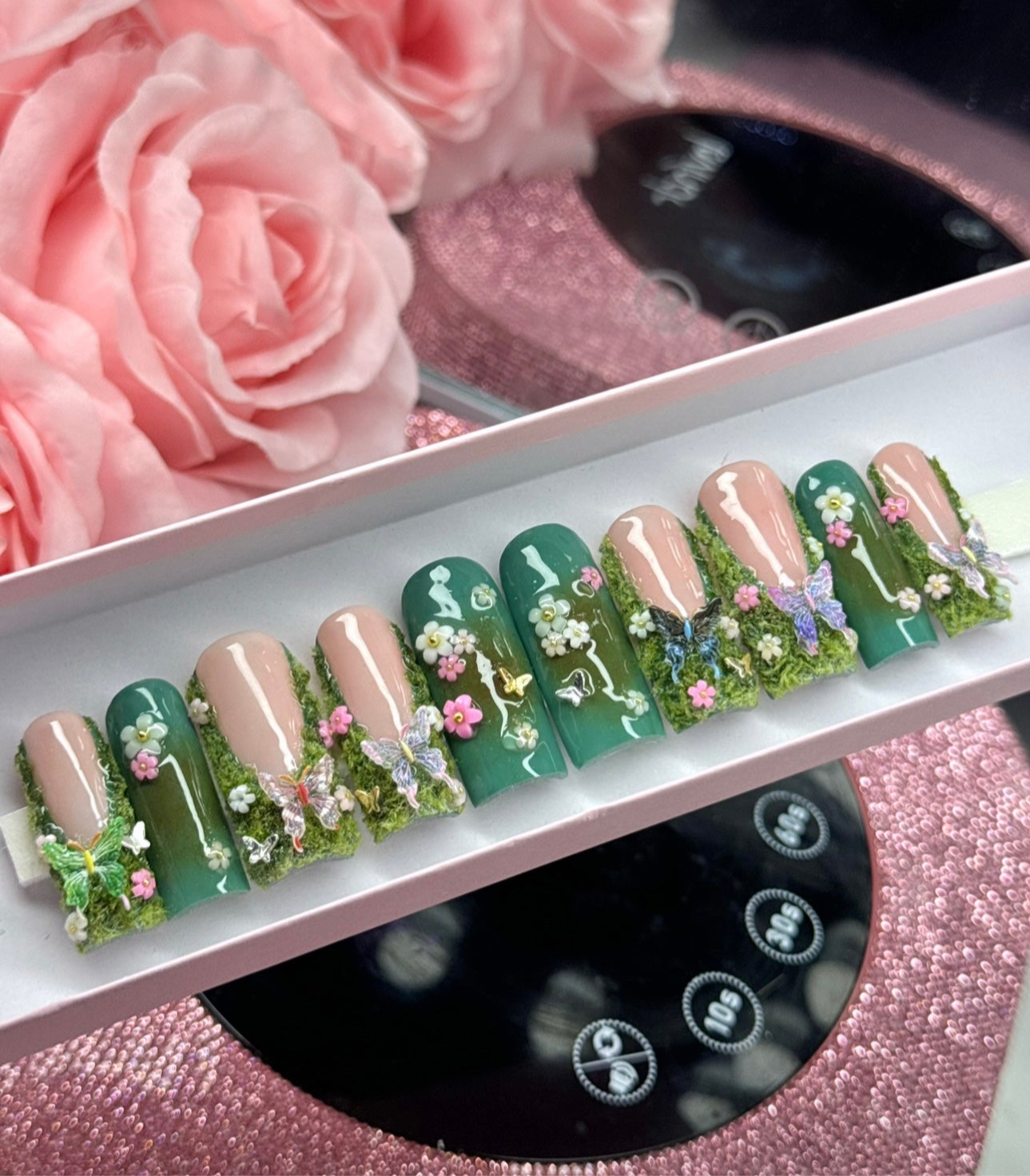 Acrylic French Tips Green Luxury Cute Fairy Garden Moss French Tips