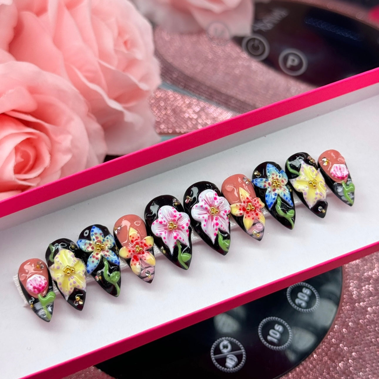 Acrylic Baddie Black Press Ons & 3D Orchids Flowers