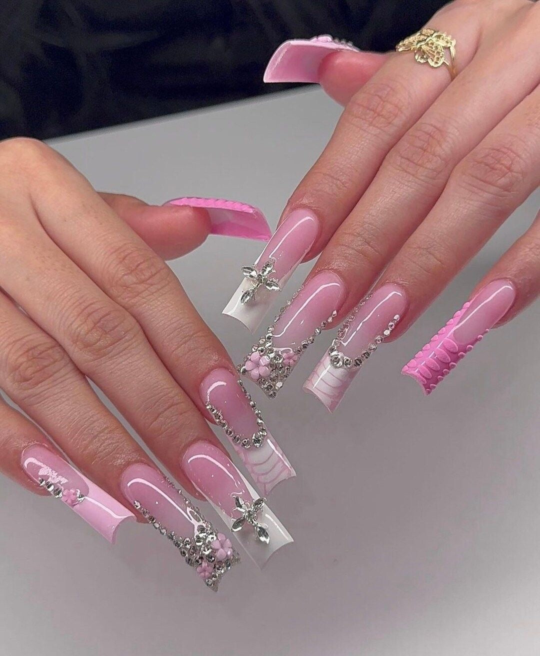 Acrylic Pink French Tip Press On Nails Bling & Crocodile Print
