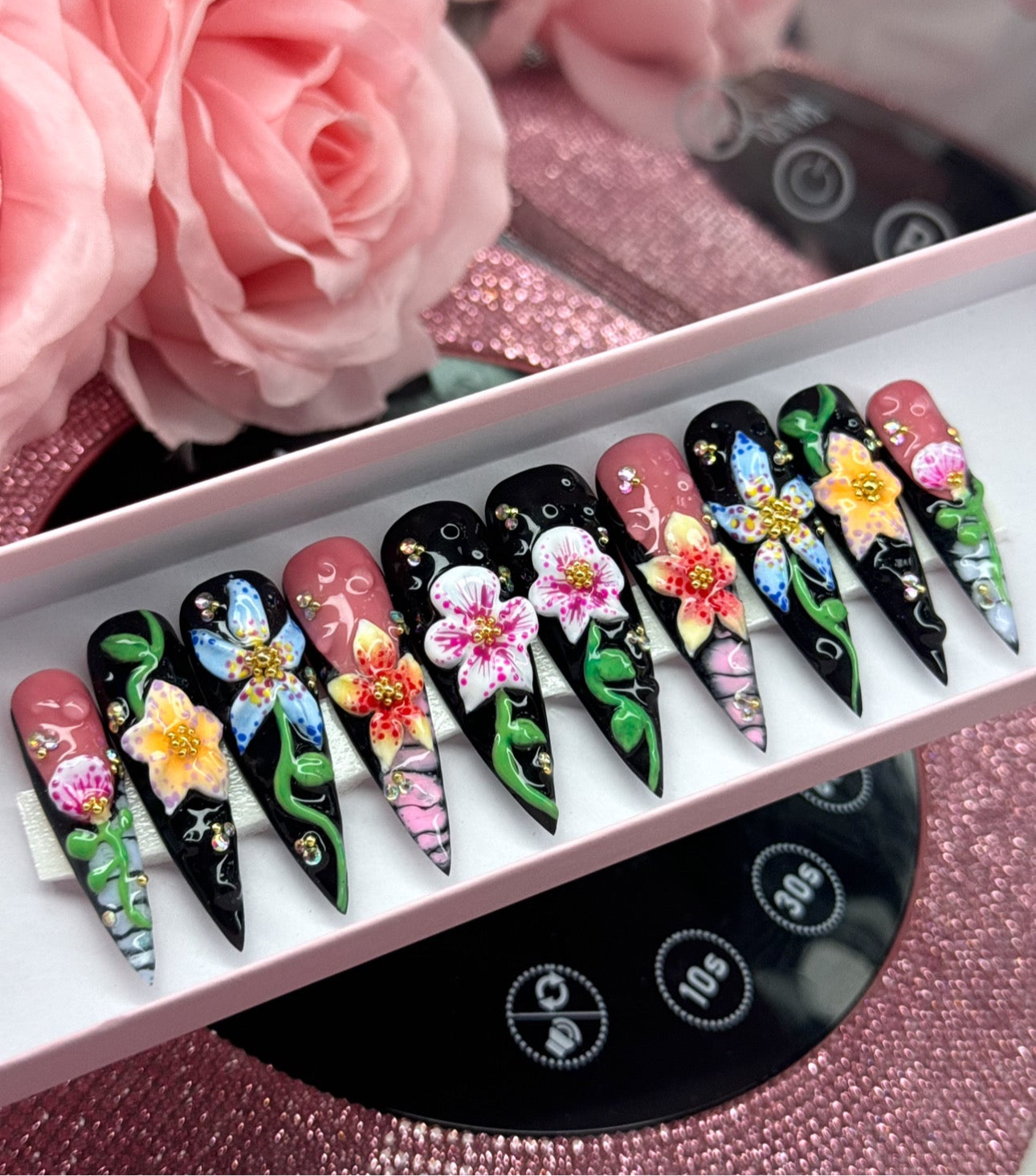 Acrylic Baddie Black Press Ons & 3D Orchids Flowers
