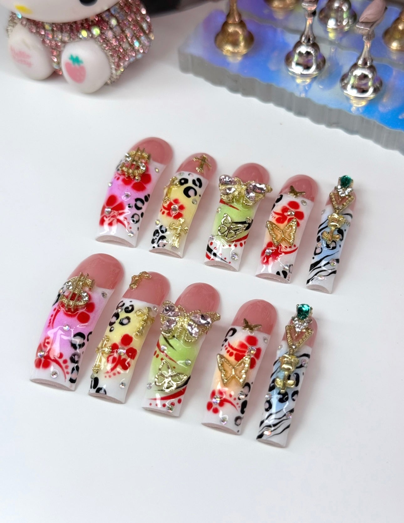 Acrylic Baddie Colorful Press On Nails With Bling & Flowers