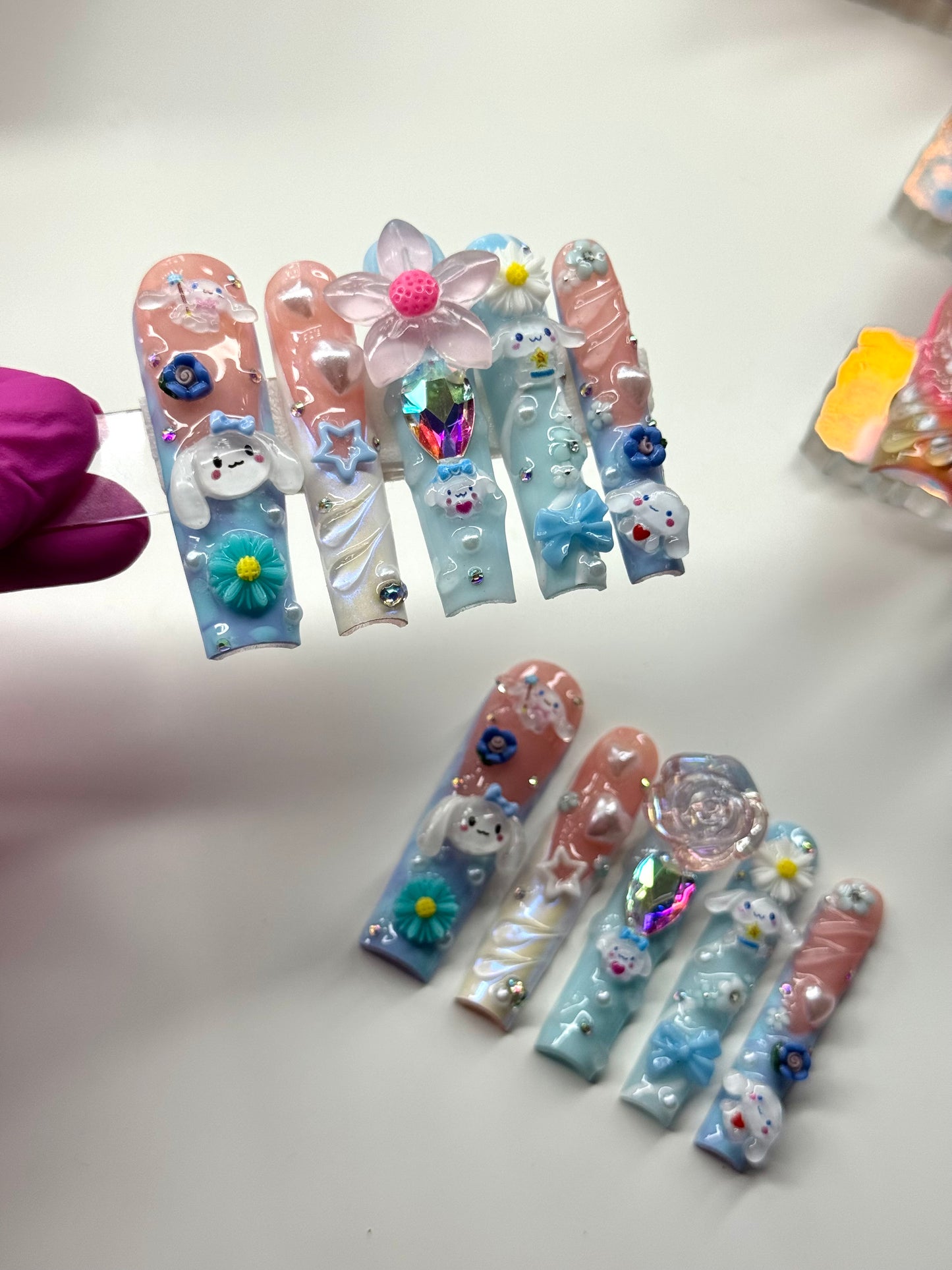Baddie Acrylic Press On Nails Kawaii Blue & White
