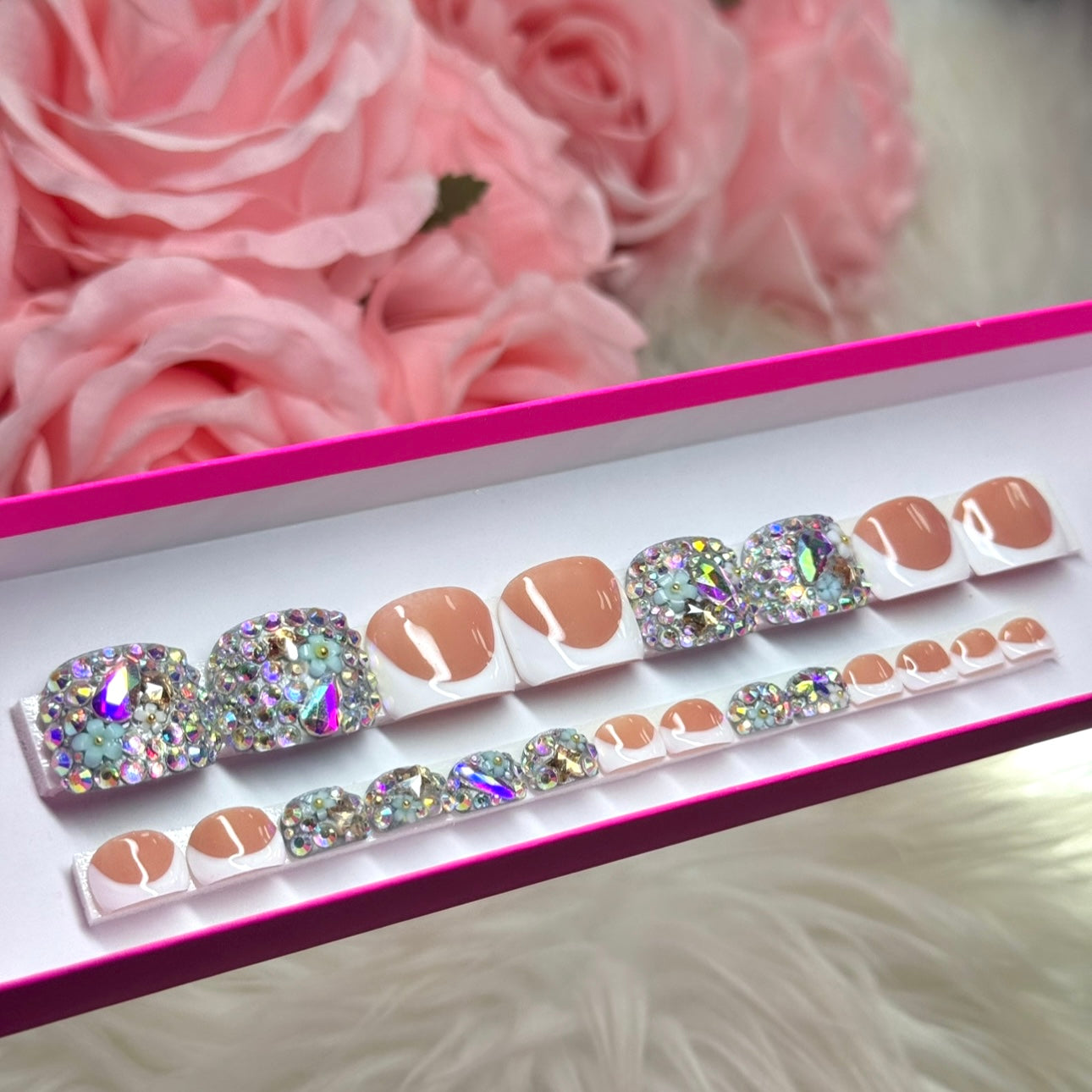 Rhinestone Acrylic Toe Press On Nails 22pc To Fit All Sizes