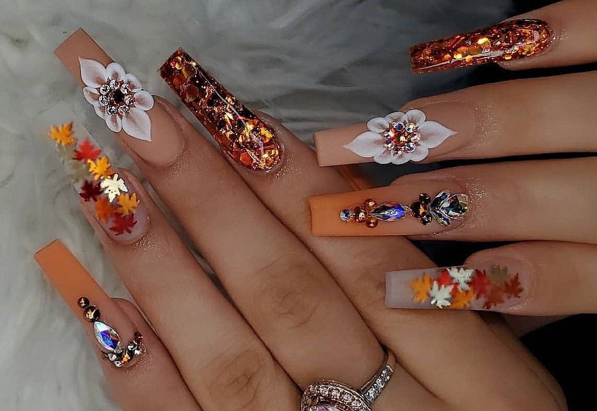 Acrylic Cute Y2K Fall Autumn Matte Press On Nails Bling & Leaves