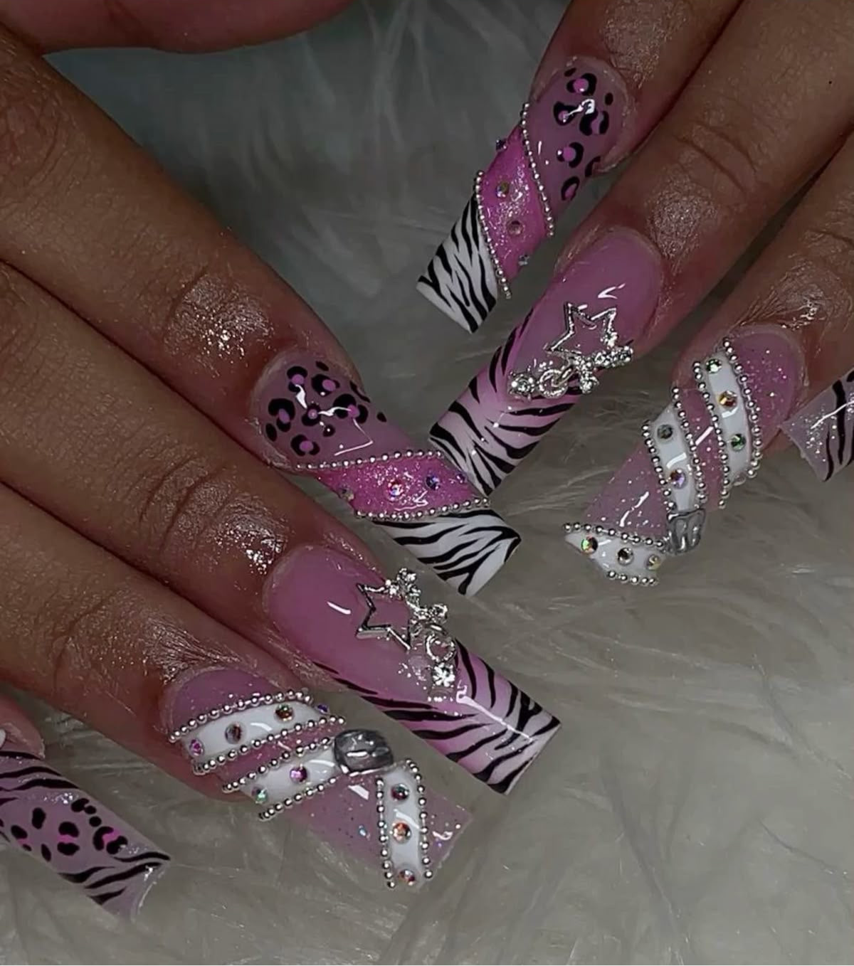 Acrylic Y2K Pink Animal Print Belt Bling Press On Nails