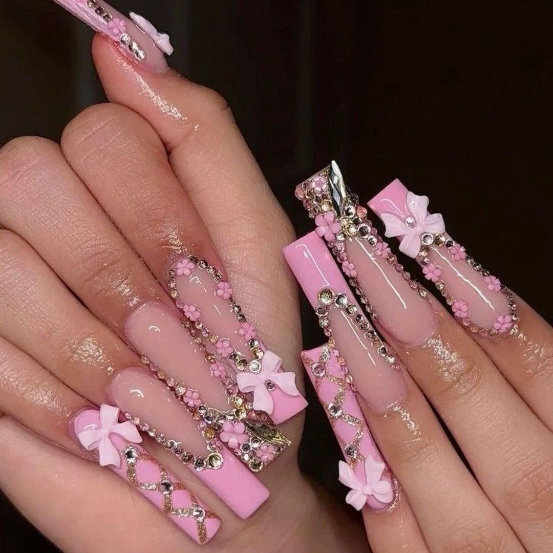 Rhinestone Acrylic Press On Nails Pink Floral Coquette Spring