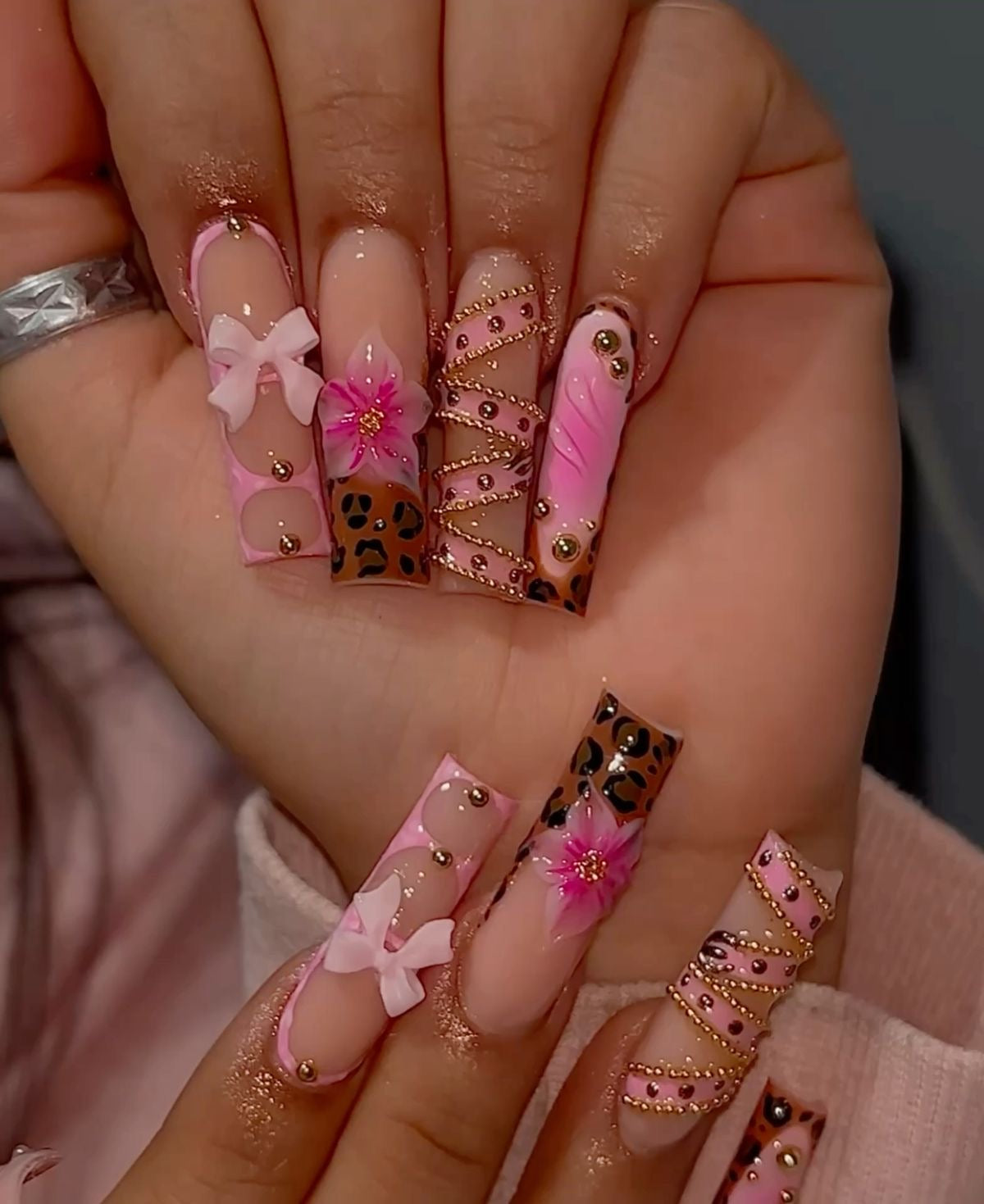 Acrylic Press On Nails Pink & Brown Animal Print 3D Flowers Belt Bling