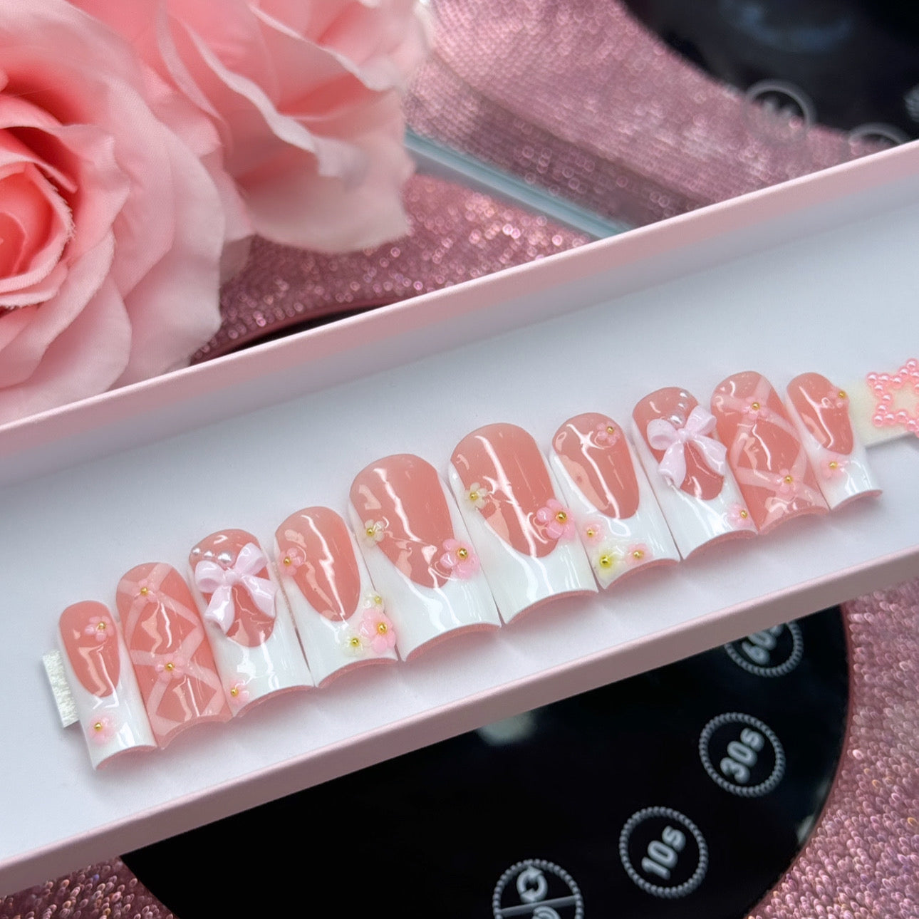 Princess Spring Coquette Acrylic Press On Nails White French Tips