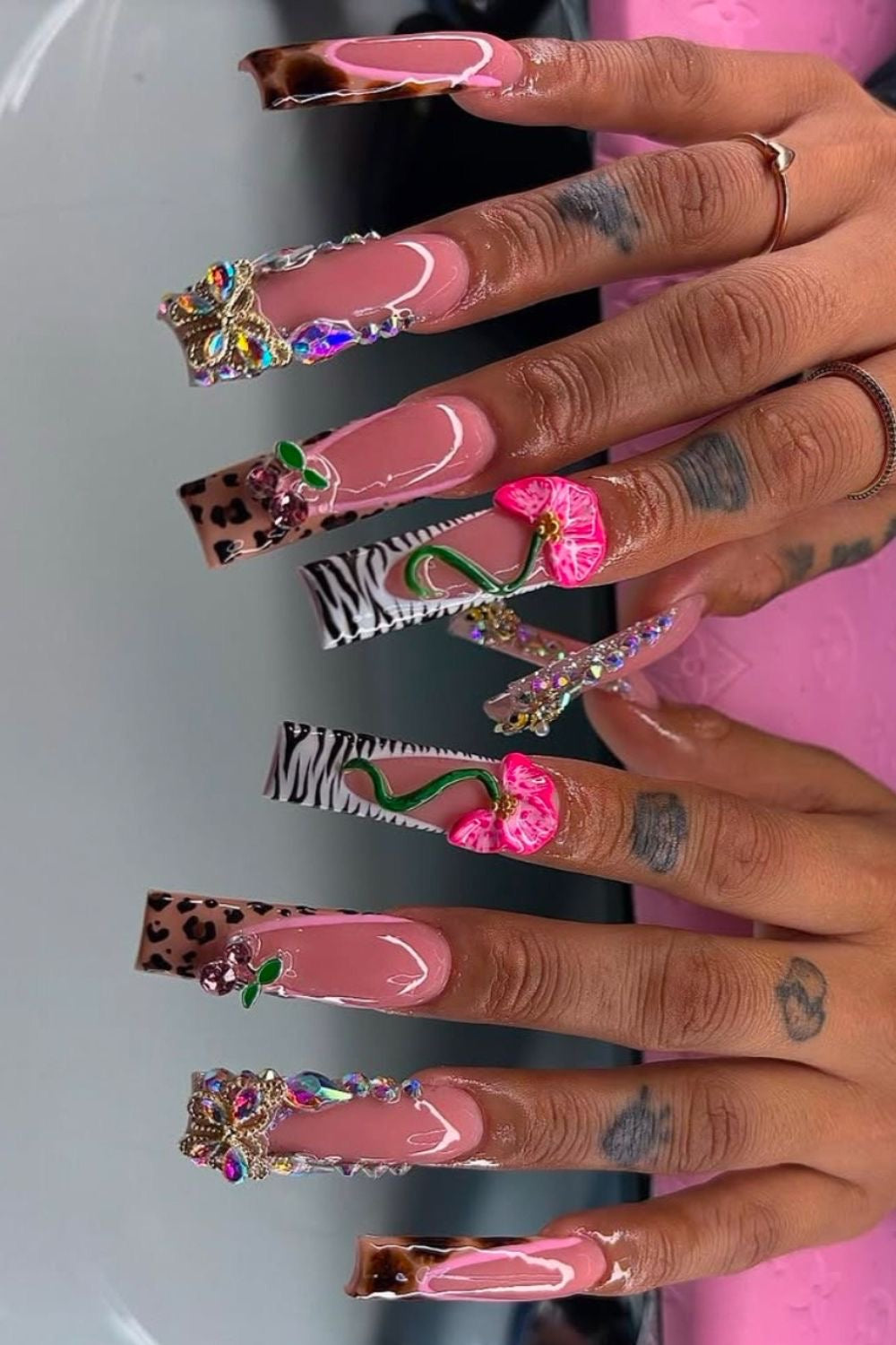 Acrylic French Tips 3D Flowers Bling & Animal Print
