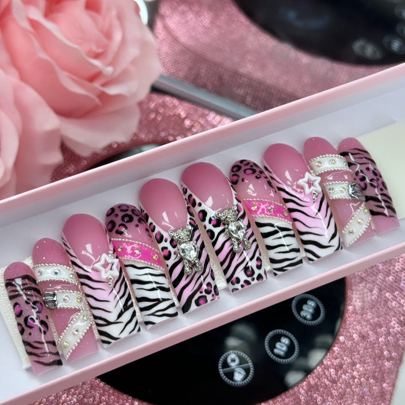 Acrylic Y2K Pink Animal Print Belt Bling Press On Nails