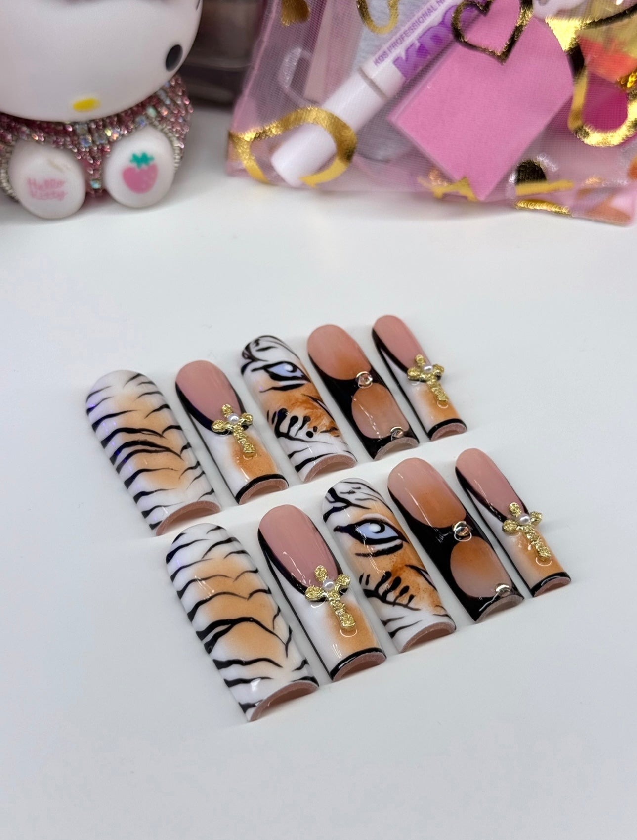 Acrylic Baddie Black Tiger Print French Tip Press On Nails