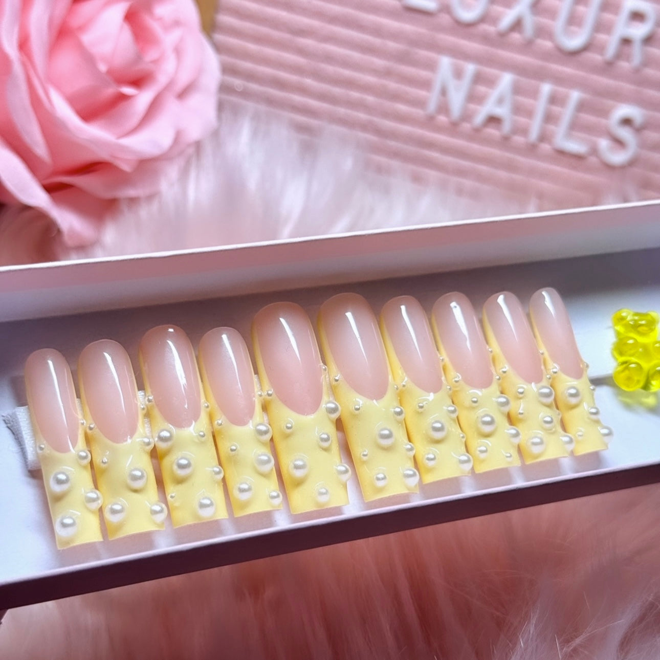 Y2K Acrylic Baddie Press On Nails Spring Pastel Yellow & Pearls