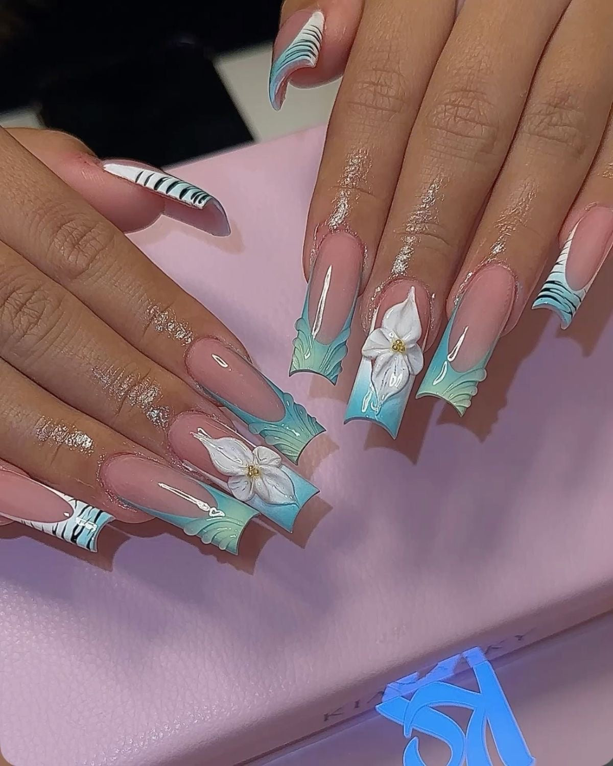 Acrylic French Tips 3D Flowers Blue White & Animal Print