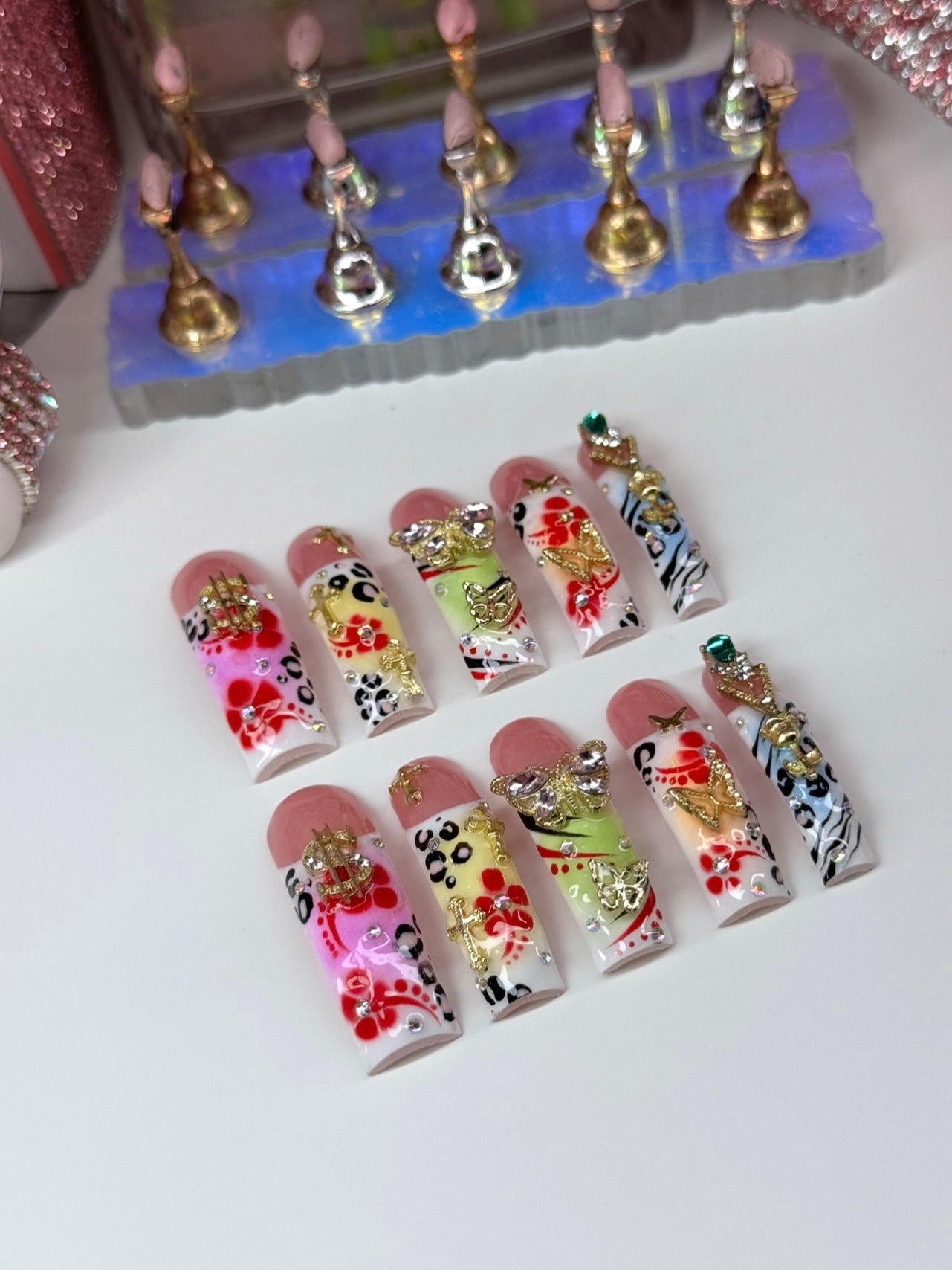 Acrylic Baddie Colorful Press On Nails With Bling & Flowers