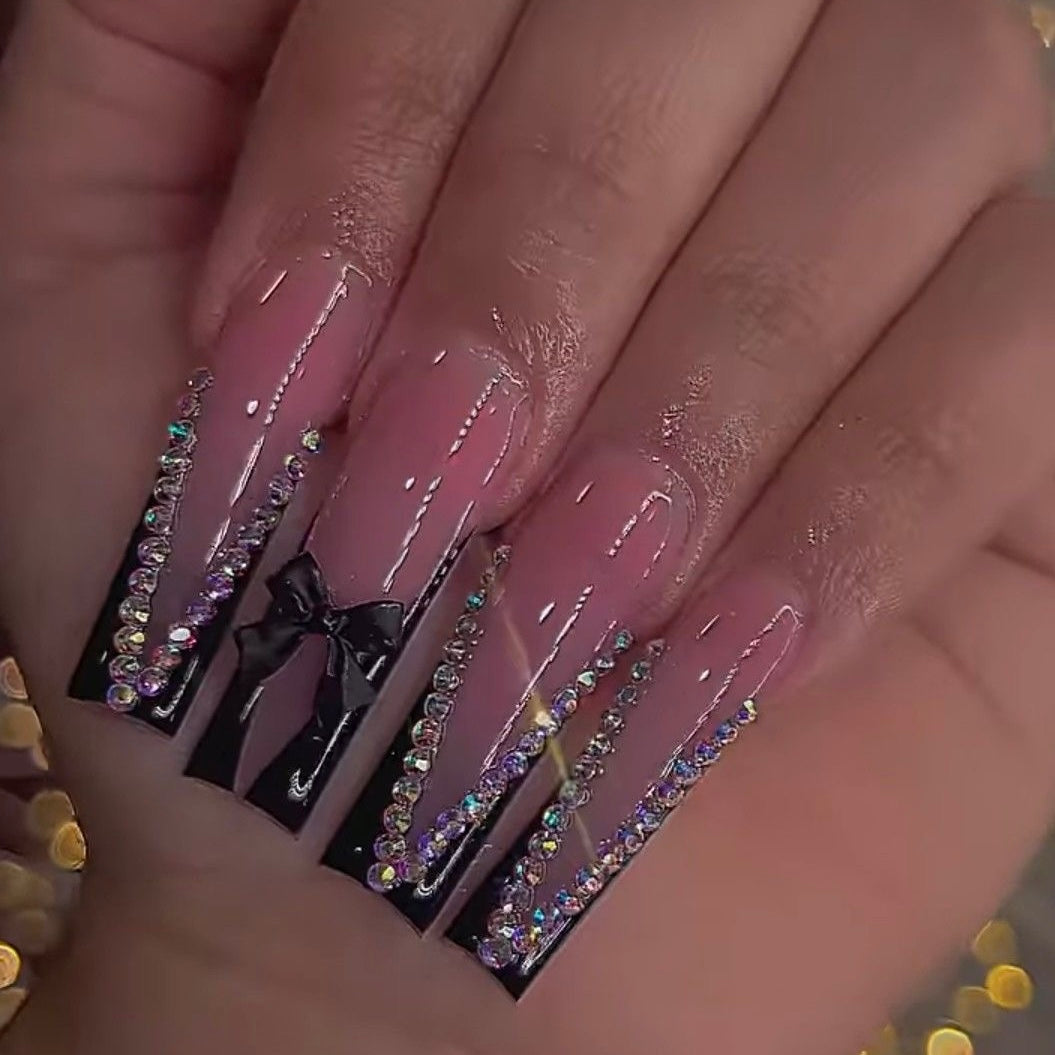 Coquette Press On Nails Black Acrylic French Tips Bows & Bling