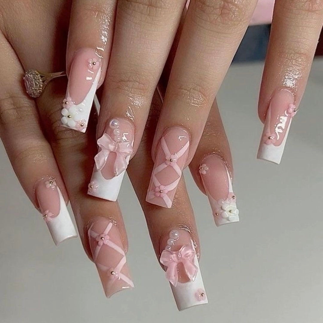 Princess Spring Coquette Acrylic Press On Nails White French Tips