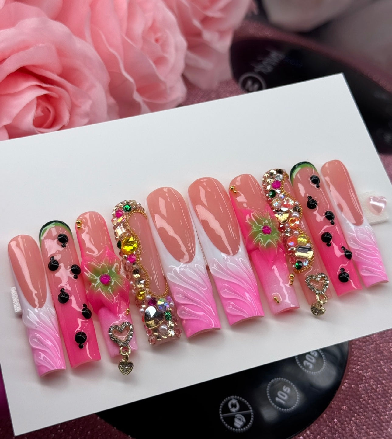 Acrylic Press On Nails 3D Watermelon Flowers French Tips