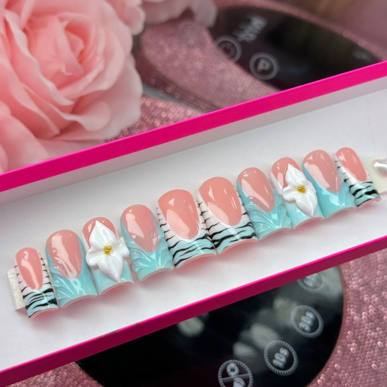Acrylic French Tips 3D Flowers Blue White & Animal Print