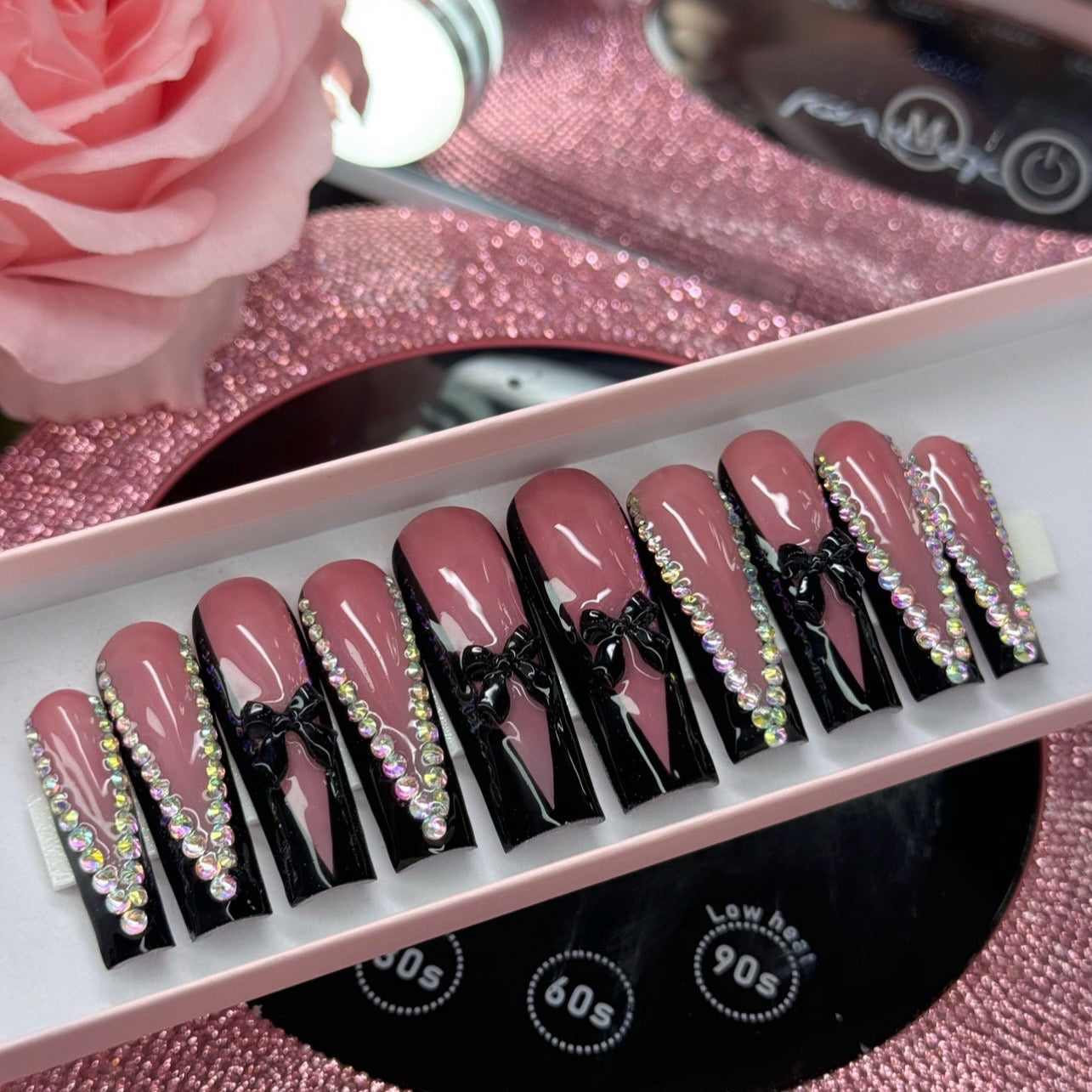 Coquette Press On Nails Black Acrylic French Tips Bows & Bling