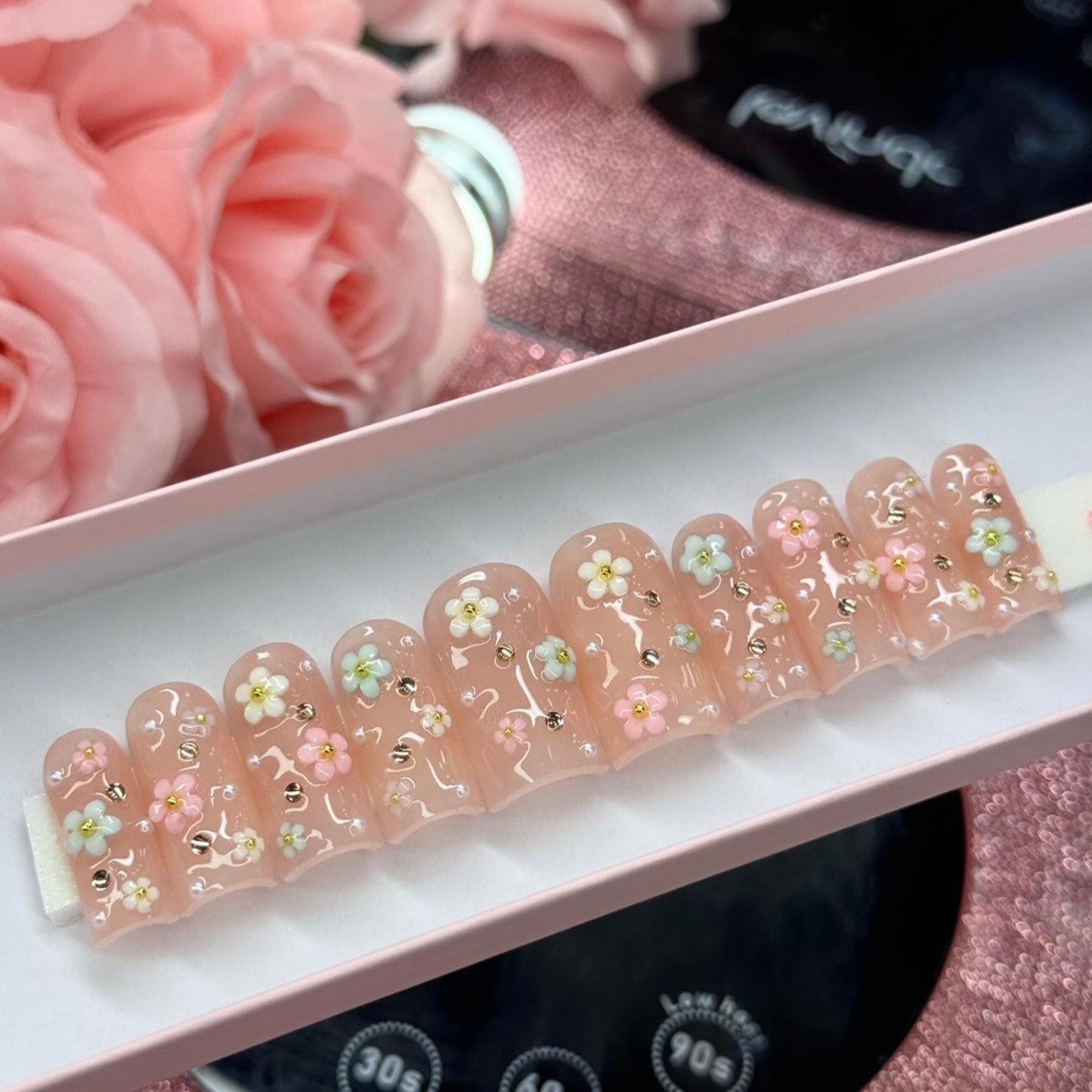 Luxury Baddie Nude & Flowers Spring Acrylic Bling Press On Nails