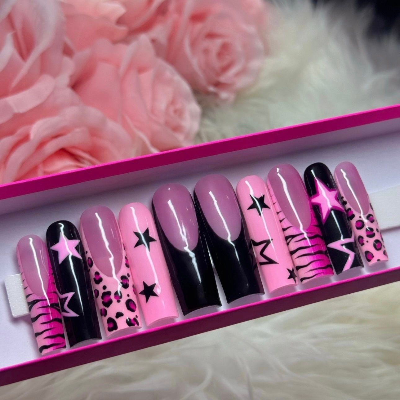 Cute Press On Nails Acrylic Pink Black Y2K Stars & Animal Print