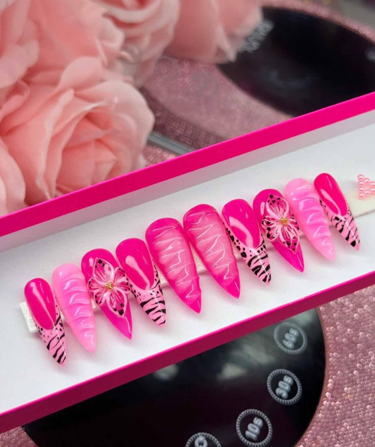 Baddie Luxurious Acrylic Pink Animal Print 3D Gel Flower Press On Nails