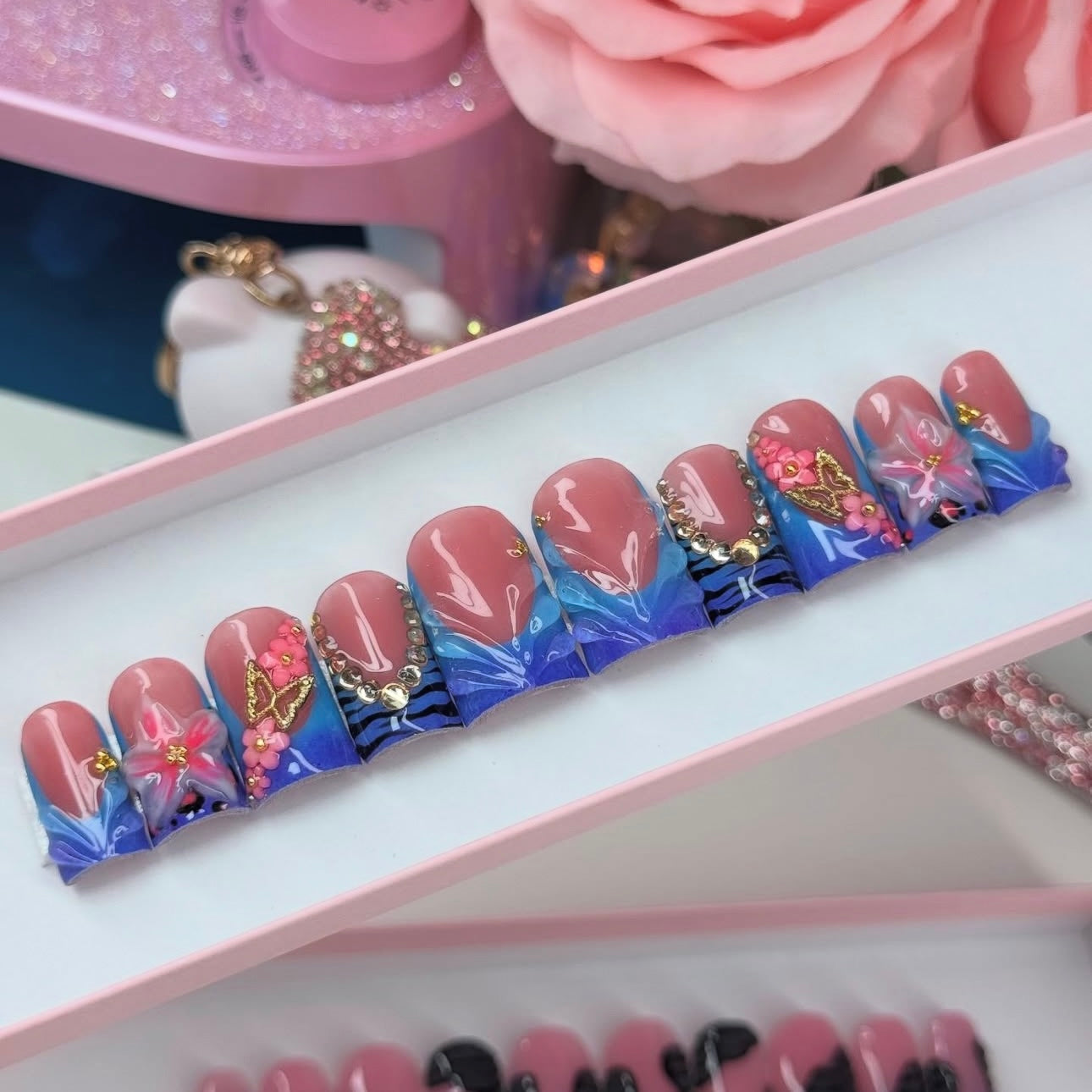 Acrylic Luxury Baddie Blue Press On Nails 3D Flowers